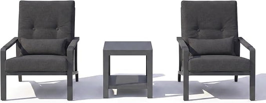 3-Piece Small Patio Set, Gray Aluminum Outdoor Furniture Set with Loveseat, 2 Chairs & Coffee Table, Metal Patio Conversation Set with Thick Cushions, Weather-Resistant