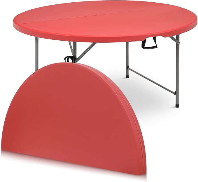 Magshion 60" Round Folding Table, 5 Feet Bi-Folding Plastic Commercial Dining Card Table w/Carrying Handle for Outdoor Wedding Party Event Picnic, Red