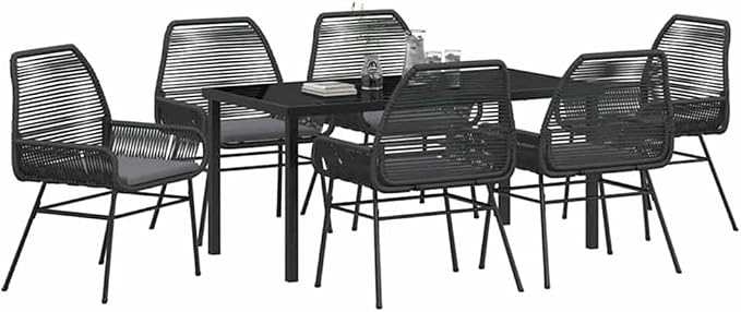 Afuera Living 7 Piece Poly Rattan Patio Dining Set, Black Finish, UV-Resistant, Powder-Coated Steel Frame, Cushioned Seats, Black Tempered Glass Table, Modern Outdoor Furniture for Garden or Patio Use