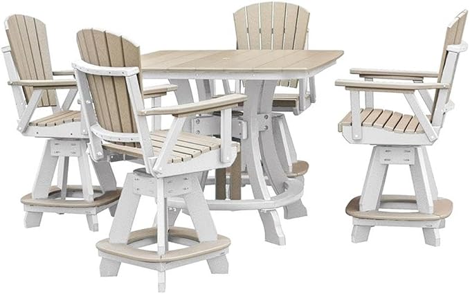 Pemberly Row Coastal Five Piece Square Counter Height Dining Set, Resin Construction, Weatherwood and White Finish, Durable Fan Back Swivel Chairs with Foot Rest, 44 in Table for Patio or Outdoor Use