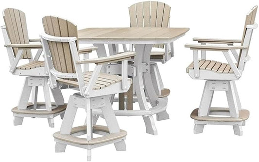 Pemberly Row Coastal Five Piece Square Counter Height Dining Set, Resin Construction, Weatherwood and White Finish, Durable Fan Back Swivel Chairs with Foot Rest, 44 in Table for Patio or Outdoor Use