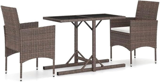 BOWERY HILL 3-Piece Patio Dining Set, Poly Rattan and Powder-Coated Steel, Brown/Cream White Finish, Outdoor Garden Furniture with Cushioned Seats, Modern Design for Terrace or Balcony Dining