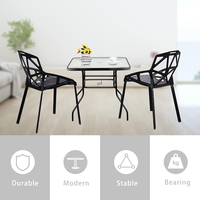 32in Outdoor Table Patio Dining Table Outdoor Dining Table with Umbrella Hole Square Tempered Glass for Yard Bistro Lawn Balcony (Black, Square 31x31x28in)