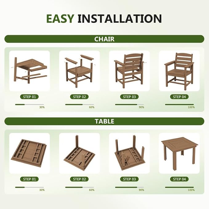 KINGYES 8-Piece HDPE Outdoor Dining Set for 6, Square Patio Table & Armchairs with Umbrella Hole, All-Weather Patio Dining Set for Backyard, Garden, Lawn & Poolside, Brown