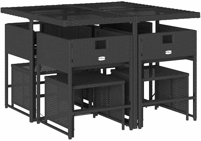 9 Piece Garden Dining Set, Black Rattan Patio Furniture with Cream White Cushions, Space Saving Stackable Chairs and Rectangular Table for Backyard Terrace Deck