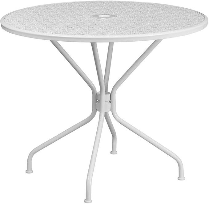 Afuera Living Round Steel Patio Dining Table, 35.25 in, White Powder Coat Finish, Flower Print Top with Umbrella Hole, Indoor/Outdoor Durable Bistro Table for Home, Cafe, Restaurant