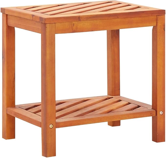 Solid Acacia Wood Side Table 17.7x13x17.7 Inches, Weather Proof Outdoor End Table with Two Shelves, Classic Diagonal Pattern for Indoor or Outdoor Living Space