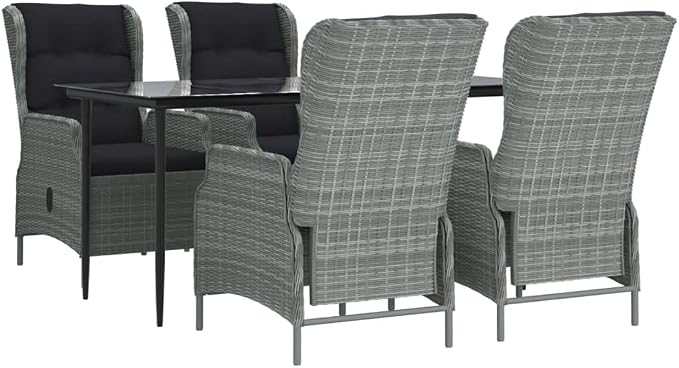 5 Piece Patio Dining Set Light Gray Poly Rattan with Tempered Glass Table, Reclining Chairs and Cushions, Outdoor Garden Conversation Set for Backyard Deck Lawn Porch, Weather Resistant Furniture