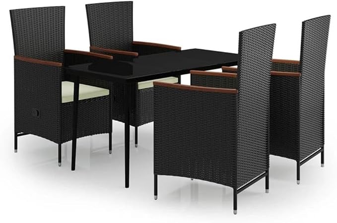 Afuera Living Powder-Coated Steel Patio Dining Set, Black Finish, 5-Piece Set with Rectangular Glass Table and Multi-Position Chairs, Weather-Resistant Outdoor Furniture for Garden, Patio, Terrace Use