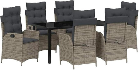 Afuera Living 7-Piece Poly Rattan Patio Dining Set, Black Finish, Glass Tabletop, Adjustable Cushions, Weather-Resistant, Ergonomic Design, Comfortable Outdoor Seating for Garden, Porch, or Backyard