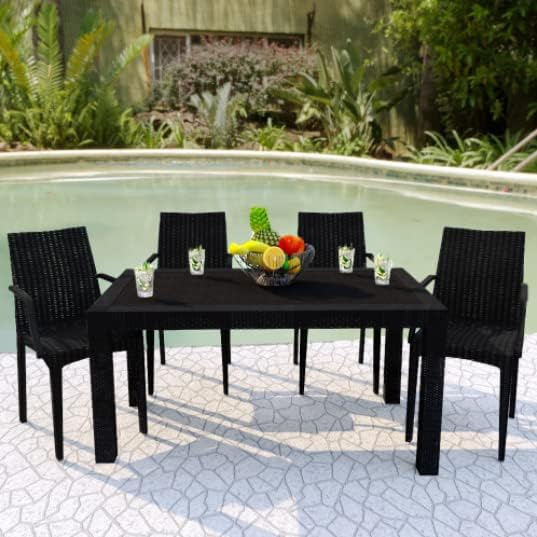 LeisureMod Mace Modern Weave Design Outdoor Patio Rectangle Dining Table (Black)