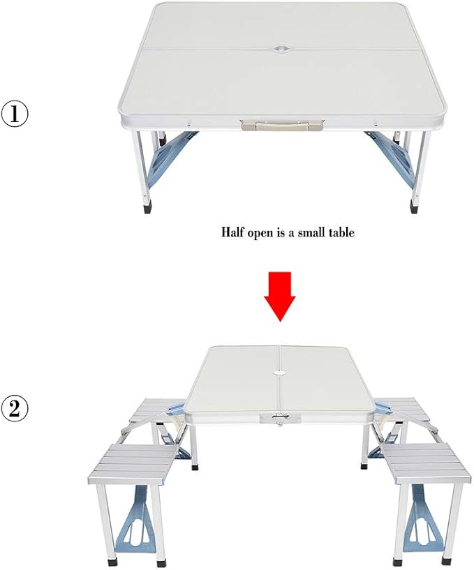Foldable Picnic Table Suitcase with 4 Seats Umbrella Hole Chairs Set for Travel Camping Outdoor Silver