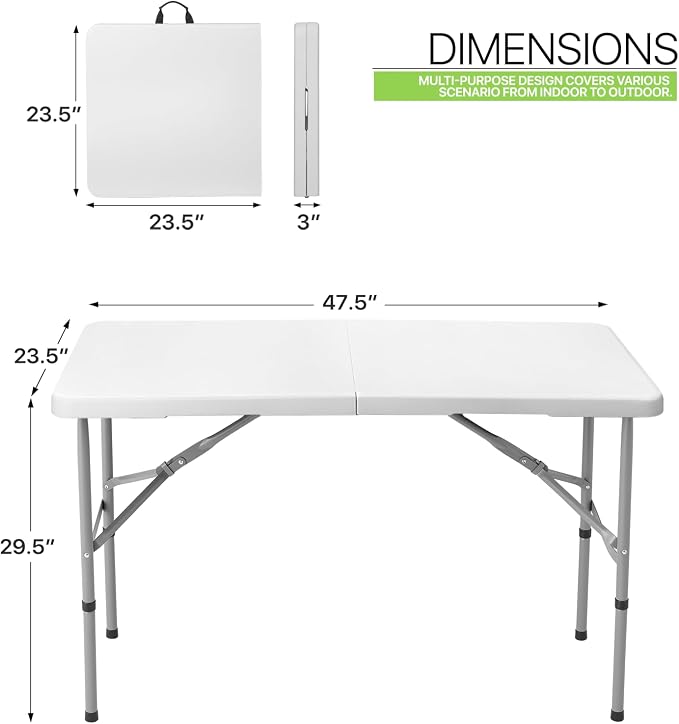 Magshion 4ft Plastic Folding Table, Indoor Outdoor Collapsible Portable Dining Table w/Handle, Ideal for Picnic Party Camping, White