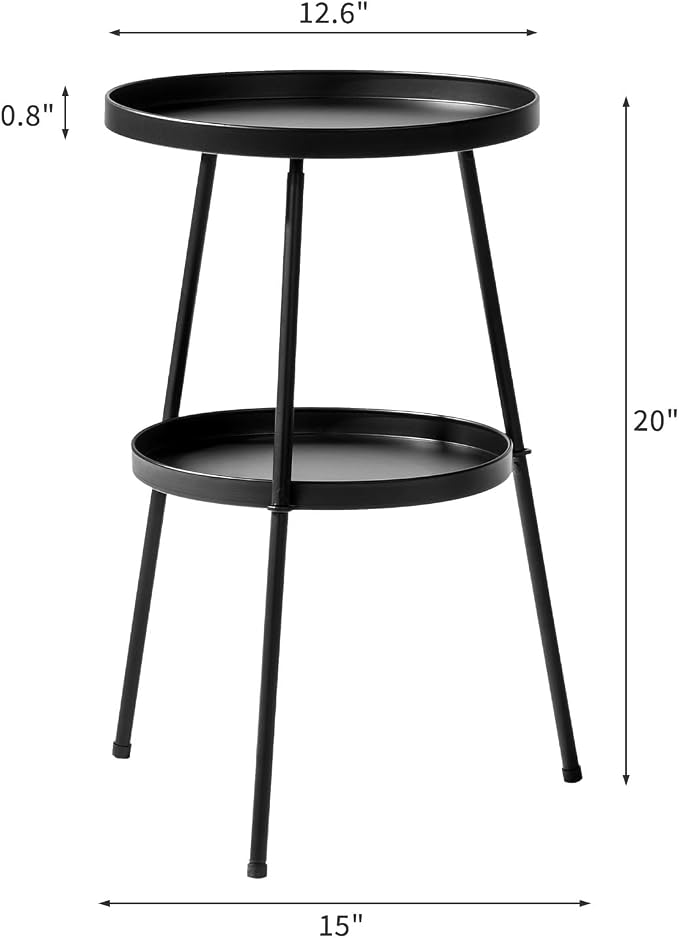2 Tier Metal Round Side Table, Outdoor End Table for Small Spaces, Indoor Outdoor Nightstand for Living Room, Bedroom or Office (Black)
