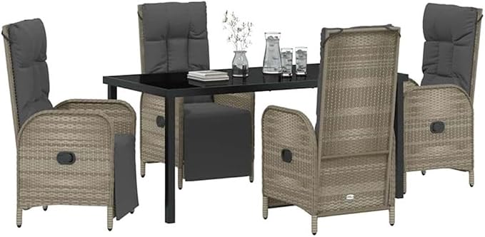 Afuera Living 5 Piece Poly Rattan Patio Dining Set, Gray, Weather-Resistant Cushions, Powder-Coated Steel Frame, Tempered Glass Tabletop, UV Resistant, Modern Outdoor Furniture for Garden, Balcony,