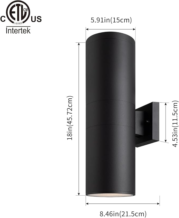 mirrea 18" Modern Outdoor Porch Light in 2 Lights, Matte Black, 2 Pack | Aluminum cylinder exterior fixtures, tempered glass cover, waterproof wall sconce & patio light for outdoor use.