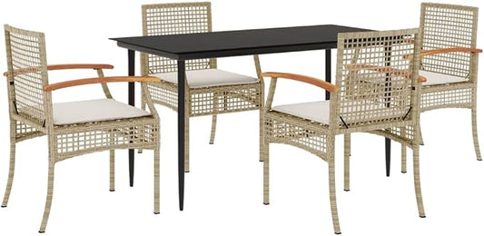 5 Piece Garden Dining Set, Beige PE Rattan Patio Furniture with 4 Cushioned Chairs and Rectangular Tempered Glass Table, Modern Outdoor Wicker Dining Set for Backyard and Terrace