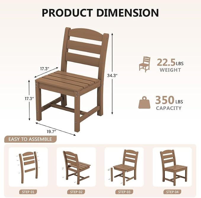 KINGYES 8-Piece HDPE Outdoor Dining Set for 6, Square Patio Table & Armless Chairs with Umbrella Hole, All-Weather Patio Dining Set for Backyard, Garden, Lawn & Poolside, Brown