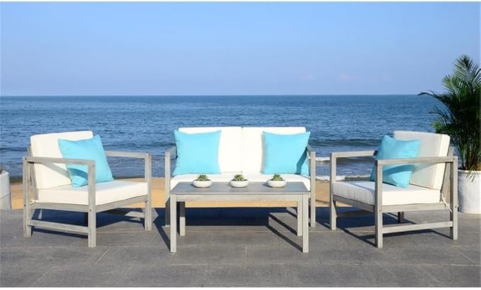 SAFAVIEH Outdoor Collection Montez Grey Wash/ White Cushions/ Light Blue 4-Piece Conversation Patio Set
