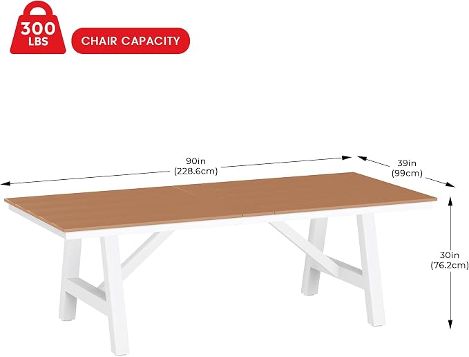 Costaelm Rectangle Patio Table, 8-Person Backyard Table 90" HDPE Dining Table with Umbrella Hole and Metal Frame for Outside, Garden, Poolside, Deck, Porch, Balcony, Teak