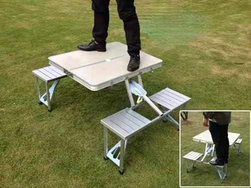 Foldable Picnic Table Suitcase with 4 Seats Umbrella Hole Chairs Set for Travel Camping Outdoor Silver