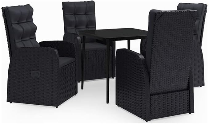 Afuera Living 5-Piece PE Rattan Patio Dining Set, Powder-Coated Steel Frame, Black Finish, Glass Top Table, Cushioned Chairs, Modern Space-Saving Design for Outdoor Garden, Patio, or Balcony Dining