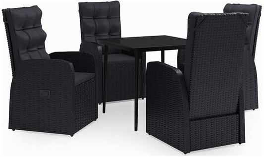 Afuera Living 5-Piece PE Rattan Patio Dining Set, Powder-Coated Steel Frame, Black Finish, Glass Top Table, Cushioned Chairs, Modern Space-Saving Design for Outdoor Garden, Patio, or Balcony Dining