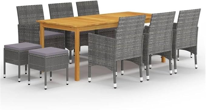 Afuera Living Outdoor Dining Set, Solid Acacia Wood Table and Powder-Coated Steel/PE Rattan Chairs, Gray Finish, 11-Piece Weather-Resistant Patio Furniture for Garden, Terrace, or Balcony, Seats 10