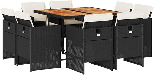 9-Piece Garden Dining Set, Outdoor Patio Furniture Table and 8 Foldable Chairs with Cream Removable Cushion, Modern PE Poly Rattan and Acacia Wood Dinette for Backyard, Deck and Terrace