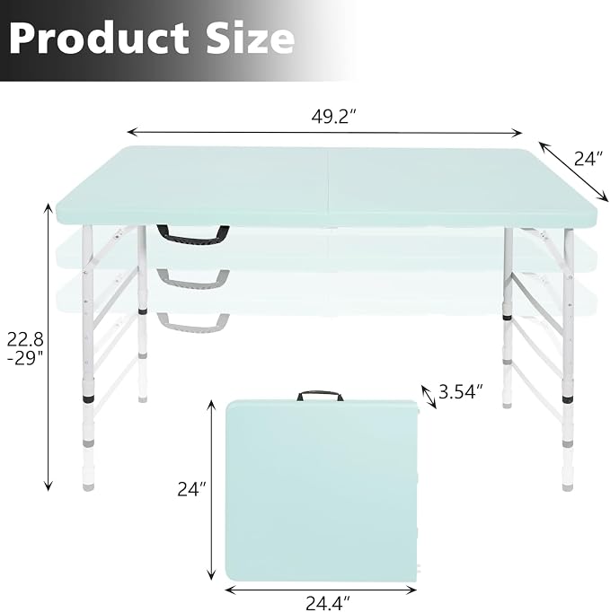 Portable 4Ft Folding Table, Heavy Duty Plastic Fold-in-Half Utility Foldable Table, Adjustable Height Plastic Folding Table with Carrying Handle for Camping &Party Indoor/Outdoor (Light Blue)
