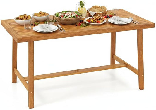 Tangkula 63-Inch Acacia Wood Patio Dining Table for 6, Heavy-Duty Indoor Outdoor Rectangular Table with 1.97" Umbrella Hole, Large Farmhouse Outside Dining Table for for Backyard, Garden, Porch, Deck