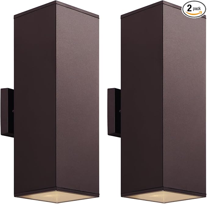 mirrea 18" Modern Outdoor Porch Light, 2 Lights, Oil Rubbed Bronze, 2 Pack | Patio wall sconce, aluminum rectangular tube, tempered glass, waterproof. Up & down lighting for outdoor wall mount fixture.
