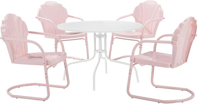 HomeStock Outdoor Metal Dining Set - 5 Piece Patio Table & Chairs - Pink & White