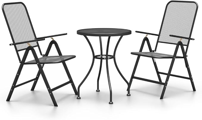 3 Piece Patio Dining Set Expanded Metal Mesh | E-Coating Finish, 7-Position Adjustable Backrest, Folding Chairs for Outdoor Garden