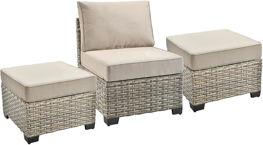 HOOOWOOO Outdoor Sectional Patio Furniture Set,3 Pieces Set with 1 Armless Wicker Chair and 2 Ottomans,Extra Deep Out Door Sofa Outside Furniture,Beige