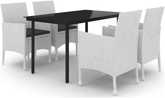 Afuera Living 5-Piece PE Rattan Patio Dining Set, Rectangular Table and 4 Cushioned Chairs, Weather-Resistant Powder-Coated Steel Frame, White Finish, Modern Outdoor Furniture for Garden, Balcony,