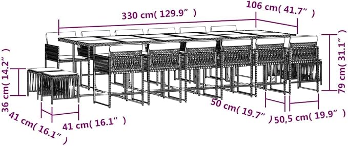 17-Piece Outdoor Garden Dining Set Black and Cream White with Cushions, UV-Resistant PE Rattan Patio Furniture for 16 People, Rectangular Table for Backyard Terrace Balcony Gatherings Family Meals