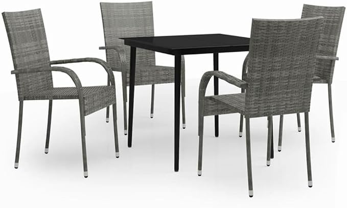 BOWERY HILL 5-Piece Patio Dining Set, Powder-Coated Steel and PE Rattan, Gray and Black Finish, Tempered Glass Tabletop, Contemporary Style Outdoor Garden Furniture for Balcony or Terrace