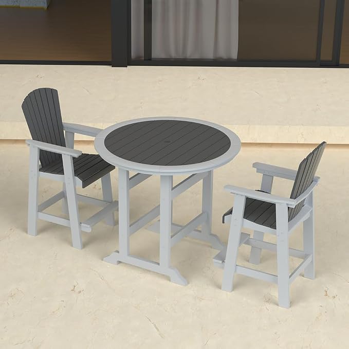 WILLIAMSPACE Patio Bar Table Set of 5, Height Outdoor Round Bar Table with 1.96" Umbrella Hole, 4 Piece Bar Stools with Backs, Counter Furniture Set for Kitchen Outside (White & Grey)