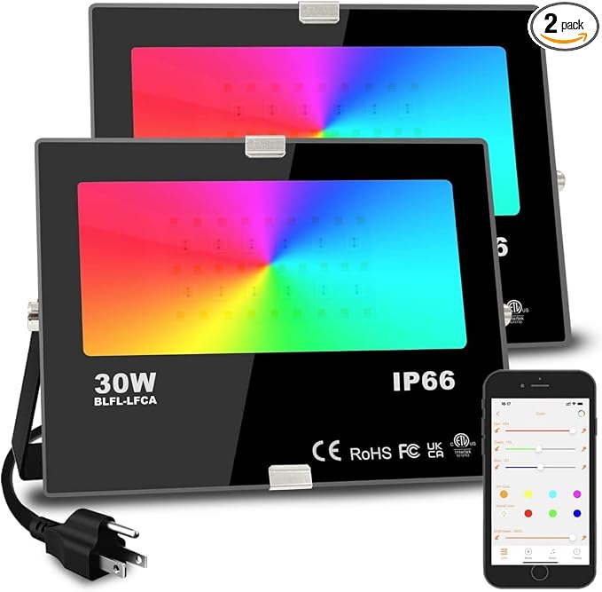 Led Flood Light 30W, 300W Equivalent 3000 LM Outdoor Color Changing Lights | 2700K & 16 Million Colors&Timing& Music Sync, Bluetooth RGBW Smart Floodlights，Led Stage Landscape，IP66 US 3-Plug (2 Pack)