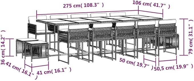 Garden Dining Set Black and Brown 14-Seater Outdoor Rattan Table and Chairs with Cushions for Patio Backyard Balcony