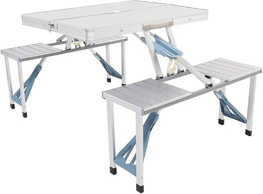 Foldable Picnic Table Suitcase with 4 Seats Umbrella Hole Chairs Set for Travel Camping Outdoor Silver
