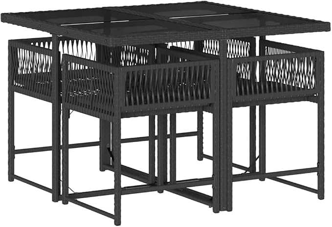 5 Piece Patio Dining Set with Cushions Black Poly Rattan Outdoor Furniture Table and 4 Chairs for Garden Backyard Deck Space Saving Foldable Tempered Glass Top UV Proof