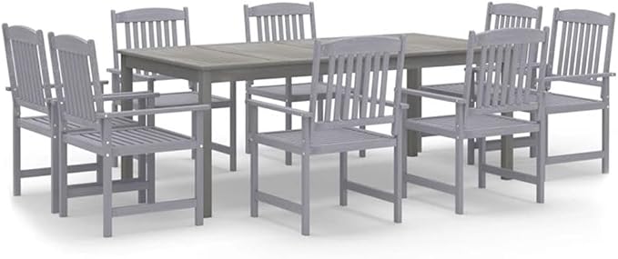Afuera Living 9-Piece Solid Acacia Wood Patio Dining Set, Gray Oiled Finish, Rectangular Table with 8 Chairs, Weather Resistant, Umbrella Hole, Outdoor Garden Furniture for Terrace or Balcony Dining