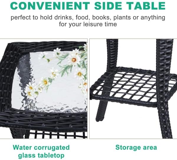 Outdoor Wicker Side Table, Rattan End with Glass Top, Patio Coffee Bistro for Indoor Garden Porch Balcony (Black)