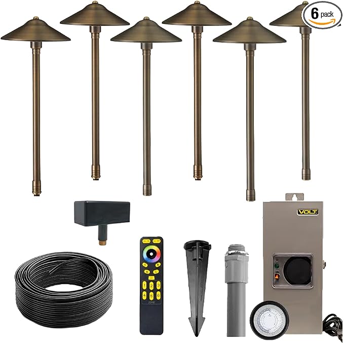 VOLT 12V Max Spread Color-Changing RGBCW LED Path Light Kit (Bronze) | 6-Pack of Solid Brass Path Lights, 150W Low Voltage Transformer & Remote Control Included, Ideal for Pathway Walkway & Garden