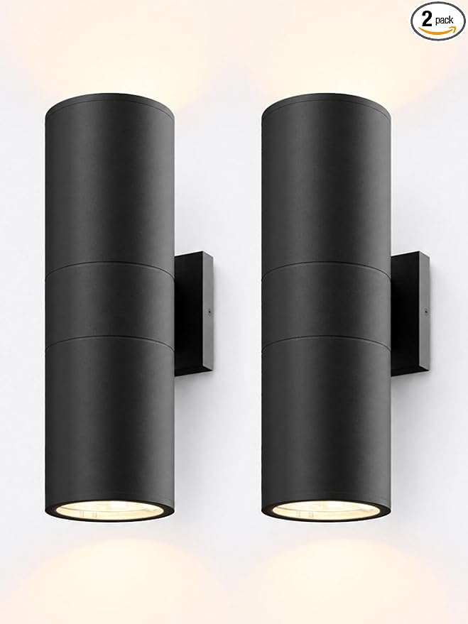 LEONLITE 2-Pack 18" Outdoor Cylinder Wall Light, Up and Down, E26 Base | Modern Porch Patio Lights, Waterproof Wall Sconce, Exterior Light Fixture Wall Mount, Aluminum, Matte Black, ETL Listed