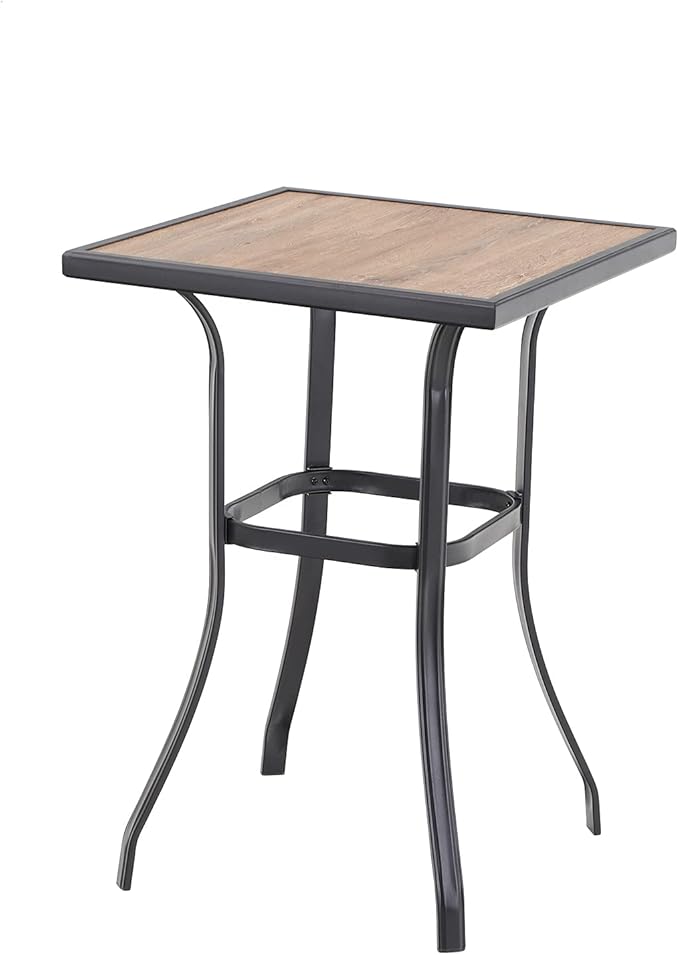 MFSTUDIO 39.3” Patio Bar Height Bar Table, with 27.5” Square PVC Wood Like Table Top for 2, All Weather Resistant Outdoor Table, Black and Brown
