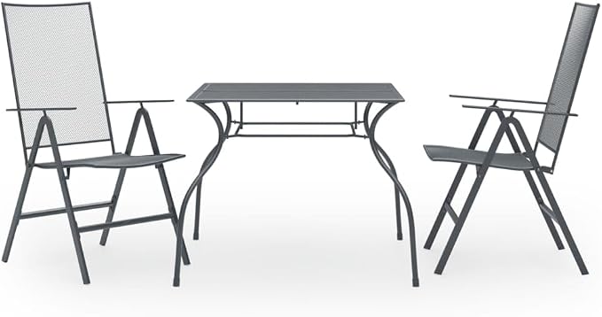 3-Piece Garden Dining Set, Anthracite Steel Patio Furniture with Square Table and Reclining Chairs, Powder-Coated Metal for Outdoor Backyard and Balcony, 35.4 Inch Square