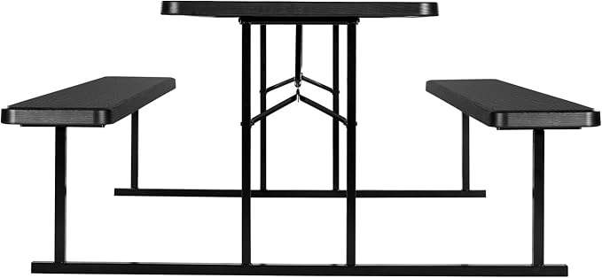 VEVOR Foldable Picnic Table, 6 FT Folding Picnic Tables with Benches, Steel Outdoor Bench Set with Umbrella Hole, Large Outside Dining Table for Patio Garden Yard Poolside (Black)